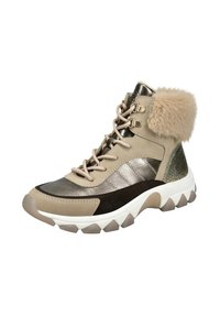 Beige a metalické hnědé vysoké tenisky s tlustou bílou podrážkou, šněrováním v přední části a hebkým kožíškem na límci.