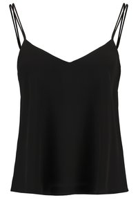 Svart ärmlös topp med V-ringning, tillverkad av ett slätt material, med tunna justerbara axelremmar och en lös passform. Ingen mönster eller dekorationer.