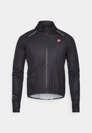 Black cycling jacket with a high collar, front zip closure, reflective accents, and long sleeves. Made of lightweight, textured fabric.