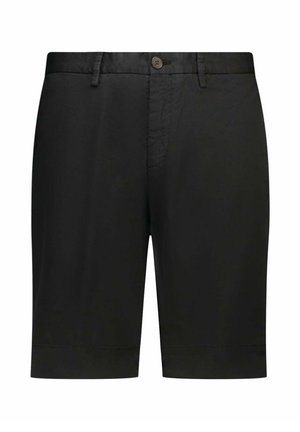 Shorts en coton noir avec fermeture à bouton, devant plat et poches latérales. Texture lisse et coupe droite se terminant au-dessus du genou.