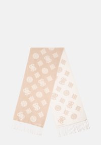 Beige en wit patroon sjaal, met ingewikkelde ontwerpen en franjeranden. Gemaakt van zacht materiaal, met logo's en geometrische motieven.