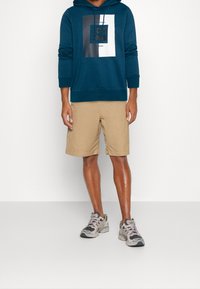 Sudadera color verde azulado con un estampado gráfico, combinada con pantalones cortos color caqui. El modelo lleva zapatillas gris y negras con suelas texturizadas. Diseño de atuendo casual.