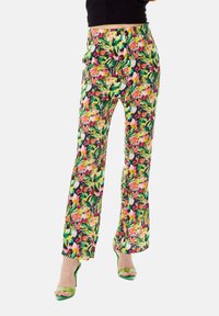Floral wide-leg trousers with a colorful pattern of pink, green, and yellow. Made from lightweight fabric, featuring a high waist and smooth texture.