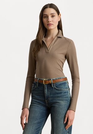 RIB-KNIT LONG-SLEEVE POLO TOP - Strikkegenser - taupe brown