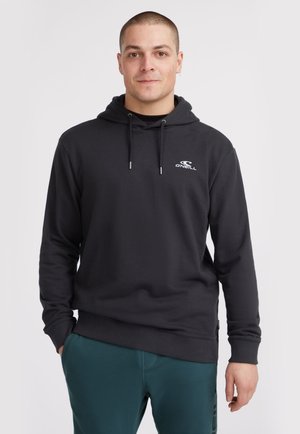 Black hooded sweatshirt with drawstrings, featuring a white logo on the chest. Made of soft fabric, with a relaxed fit and ribbed cuffs.