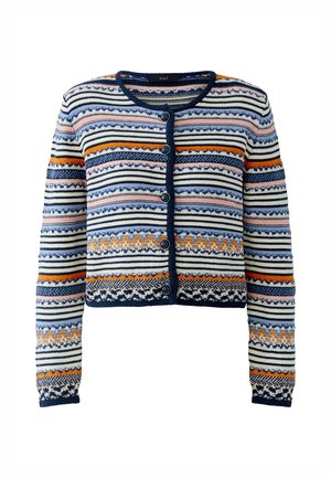 Cardigan à manches longues boutonné avec des rayures horizontales multicolores en marine, blanc, orange, rose et bleu, doté d'un col rond.