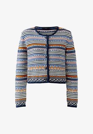 Cardigan à manches longues boutonné avec des rayures horizontales multicolores en marine, blanc, orange, rose et bleu, doté d'un col rond.