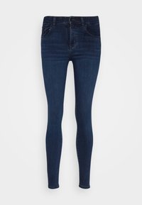 Tmavě modré skinny džíny vyrobené z denimu, s pasem střední výšky, pěti kapsami a hladkou texturou s mírnými detaily obnošení.