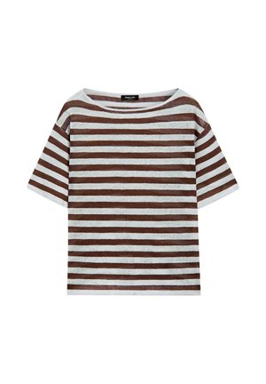 Kurzärmeliges, schiffhalsausschnitt Shirt mit horizontalen braunen und weißen Streifen, aus leichtem Strickstoff gefertigt.