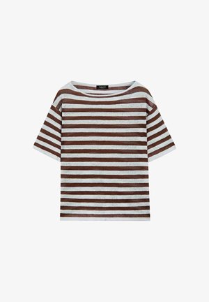 Koszulka z krótkim rękawem i dekoltem w łódkę, w poziome brązowe i białe paski, wykonana z lekkiej dzianiny.