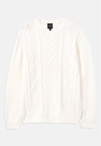 Vit kabelstickad tröja med rundad halsringning, prydd med diamantmönster, ribbade ärmslut och nederkant. Tillverkad av mjukt, texturerat material.
