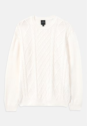 White cable-knit sweater with a round neckline, featuring diamond patterns, ribbed cuffs, and hem. Made from soft, textured fabric.