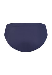 Navyblauer Bikini-Unterteil aus glattem Stoff, mit einem mittelhohen Schnitt und minimalen Nähten. Nahtloses Design verbessert den Tragekomfort.