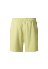 Hellgelbe Baumwollshorts mit einem elastischen Bund, glatter Textur und einfachem Design, bis zur Mitte des Oberschenkels geschnitten, ohne zusätzliche Details.
