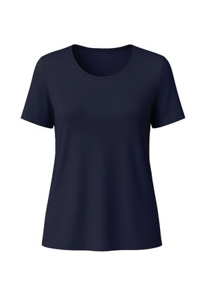 Marineblaues T-Shirt mit kurzen Ärmeln und Rundhalsausschnitt, aus glattem Material gefertigt, mit einem schlichten Design ohne sichtbare Muster oder Akzente.