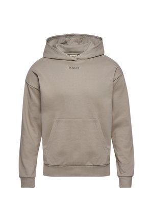 Lichtbeige hoodie met een kangoeroezak, verstelbare trekkoordcapac en geborduurd "HALO" logo op de borst. Zachte stofstructuur.