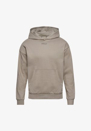 Helles beige Hoodie mit Kängurutasche, verstellbarem Kordelzug an der Kapuze und gesticktem "HALO"-Logo auf der Brust. Weicher Stoff.