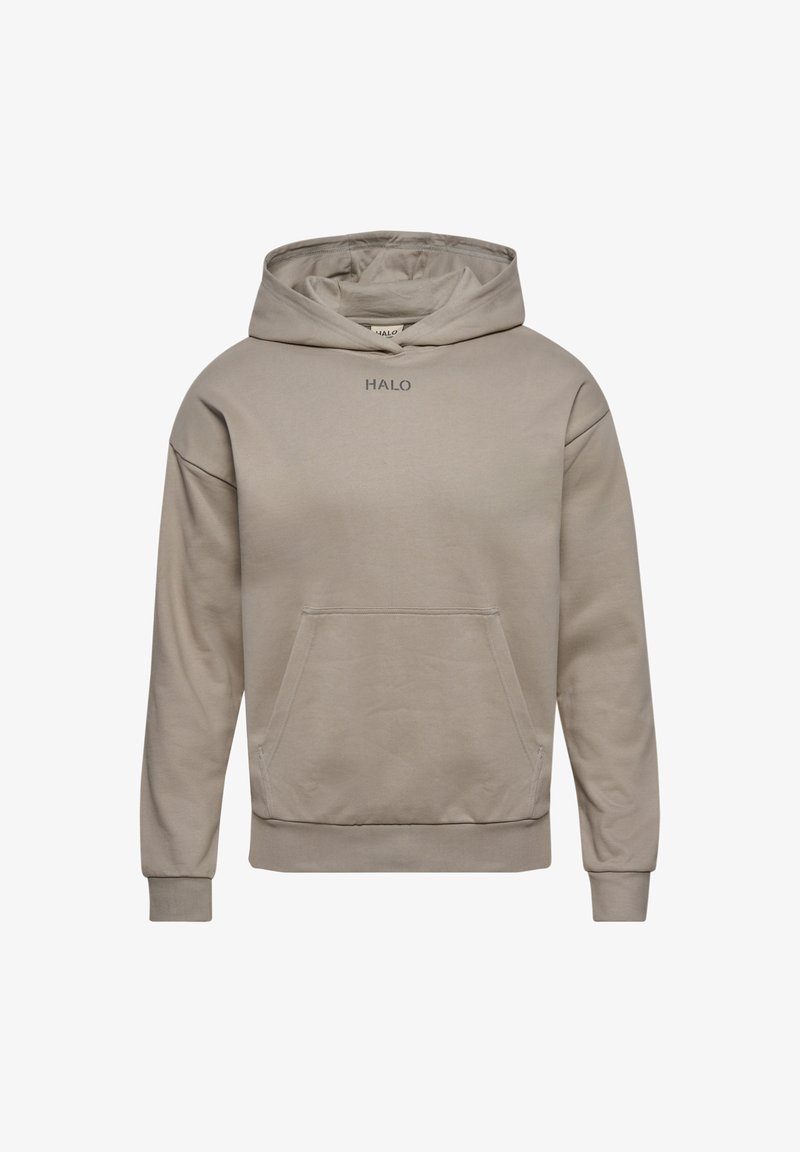 Helles beige Hoodie mit Kängurutasche, verstellbarem Kordelzug an der Kapuze und gesticktem "HALO"-Logo auf der Brust. Weicher Stoff.