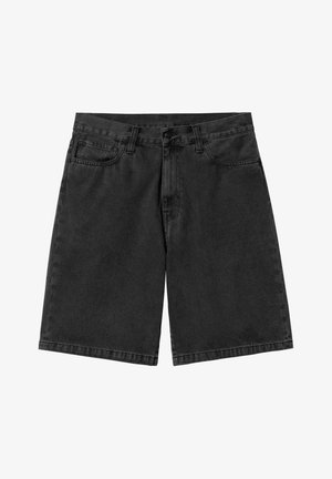 Črne denim kratke hlače s sprednjimi žepi, zankami za pas in zapiranjem na gumb, položene ravno na belem ozadju.