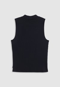 Top nero senza maniche con collo alto, realizzato in un tessuto morbido. Presenta una superficie liscia e un design pulito e semplice.