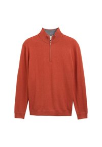 Pull-over en tricot couleur orange brûlé, doté d'un col à demi-zip et de manches longues. Fabriqué à partir d'un matériau doux avec une texture lisse.