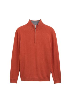 Pullovertröja i bränd orange, med halv dragkedja och långa ärmar. Tillverkad av mjukt material med en slät yta.