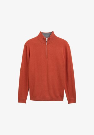 Pullovertröja i bränd orange, med halv dragkedja och långa ärmar. Tillverkad av mjukt material med en slät yta.