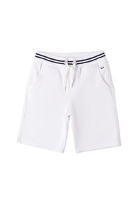 Weiße Shorts aus weichem Stoff mit geradem Schnitt, ausgestattet mit seitlichen Taschen und einem elastischen Bund in Marineblau mit einem Kordelzug.