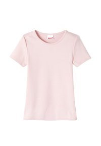 T-shirt rose à manches courtes en coton doux, avec un col rond et une texture lisse, au design simple et épuré.