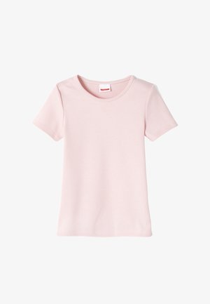 Pink short-sleeve t-shirt made of soft cotton, featuring a crew neckline and a smooth texture, with a simple and unadorned design.