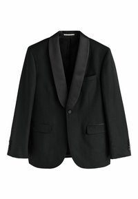 Black tuxedo jacket with satin peaked lapel, two front pockets, single button closure, and textured fabric. Buttons on cuffs.