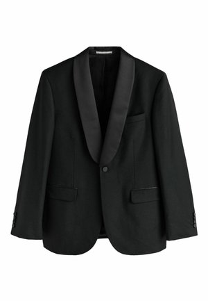 Schwarze Smokingjacke mit satinierter Spitzengegenseite, zwei Fronttaschen, einreihiger Knopfverschluss und strukturiertem Stoff. Knöpfe an den Manschetten.