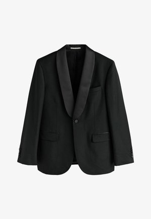 Schwarze Smokingjacke mit satinierter Spitzengegenseite, zwei Fronttaschen, einreihiger Knopfverschluss und strukturiertem Stoff. Knöpfe an den Manschetten.