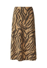 Ein knielanger Rock aus gewebtem Stoff, der mit einem braunen und hellbraunen Zebra-Streifen-Muster versehen ist. Er hat ein ausgestelltes Design und eine glatte Textur.