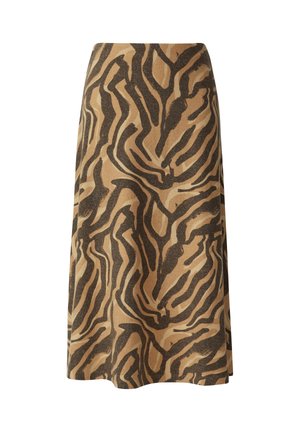 Une jupe mi-longue en tissu tissé, présentant un motif zèbre rayé brun et beige, avec une conception évasée et une texture lisse.
