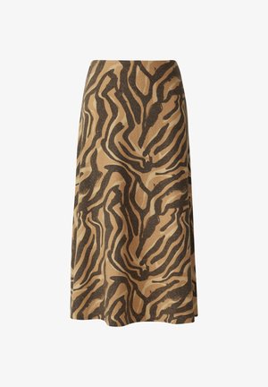 Spódnica do kolan wykonana z tkaniny tkanej, z brązowym i jasnobrązowym wzorem w paski zebry, z rozszerzanym krojem i gładką teksturą.