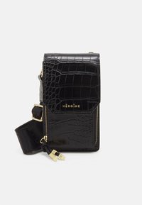 Black croc-embossed leather bag with a front flap, gold hardware, and adjustable strap. Features logo detailing and zip closure.