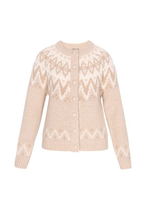 Béžový pletený kardigan s kulatým výstřihem, zapínáním na knoflíky a vzorovaným designem se zikzakovými akcenty ve světlejších odstínech.