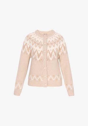Béžový pletený kardigan s kulatým výstřihem, zapínáním na knoflíky a vzorovaným designem se zikzakovými akcenty ve světlejších odstínech.