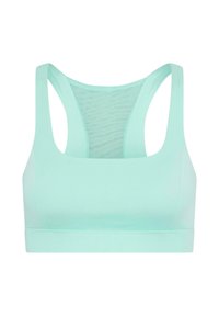 Mintgroene sportbeha met een gladde, elastische textuur, brede banden en een mesh rug voor ademend vermogen en comfort.