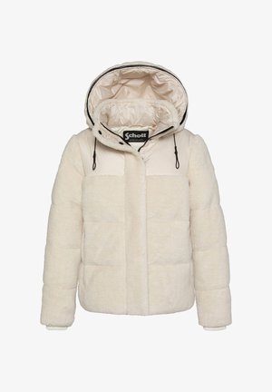 Cremefarvet pufferjakke lavet af blødt, luksuriøst stof med en quiltet design, der har hætte og elastiske manchetter.