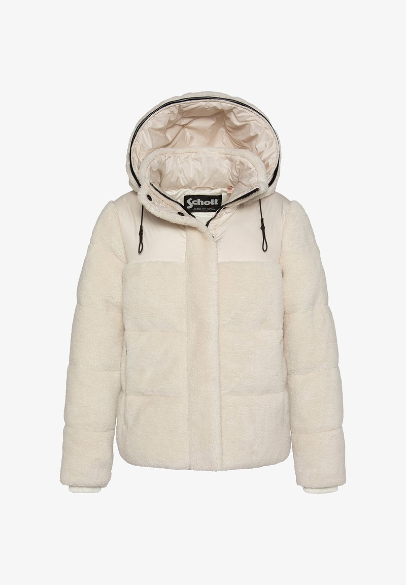 Cremfarbener Puffer-Jacke aus weichem, plüschigem Stoff mit gestepptem Design, ausgestattet mit einer Kapuze und elastischen Bündchen.