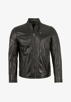 Schwarze Lederjacke mit Stehkragen, Vorderreißverschluss und einer einzelnen Brusttasche mit Reißverschluss. Bietet eine glatte Textur und eine taillierte Passform.