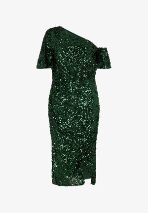 Grünes Paillettenkleid mit kurzen Ärmeln, asymmetrischem Ausschnitt und Seitenschlitz. Verfügt über eine schimmernde Textur und eine figurbetonte Silhouette.