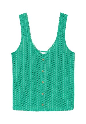 Top corto verde sin mangas de punto con botones delanteros de madera y un diseño de punto abierto estampado.