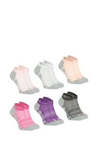 Six paires de chaussettes de cheville comprenant plusieurs couleurs : rose, blanc, pêche, violet, gris foncé, avec une base grise et des détails en mesh.