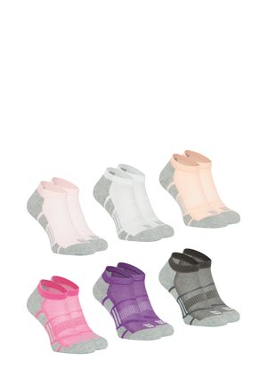 Six paires de chaussettes de cheville comprenant plusieurs couleurs : rose, blanc, pêche, violet, gris foncé, avec une base grise et des détails en mesh.