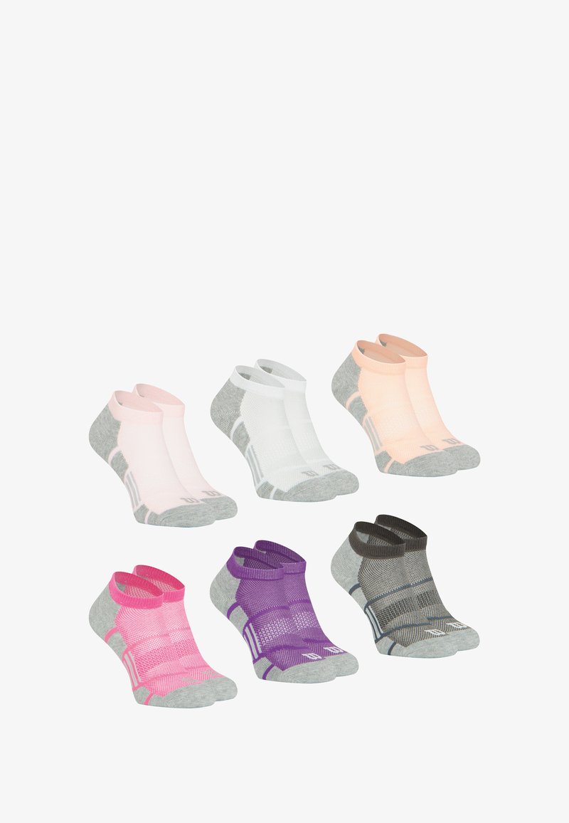 Six paires de chaussettes de cheville comprenant plusieurs couleurs : rose, blanc, pêche, violet, gris foncé, avec une base grise et des détails en mesh.