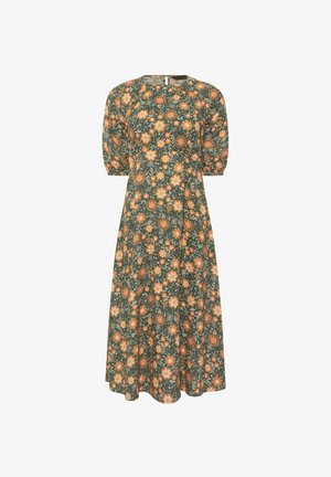 Green midi dress with puffed sleeves, featuring orange and beige floral patterns and a fitted waist.