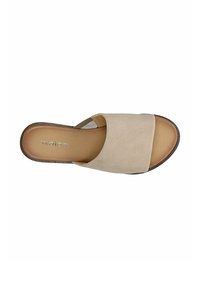 Sandalo a scivolo in suede beige con una fascia larga, design open toe, soletta liscia e suola testurizzata. Logo sulla soletta.